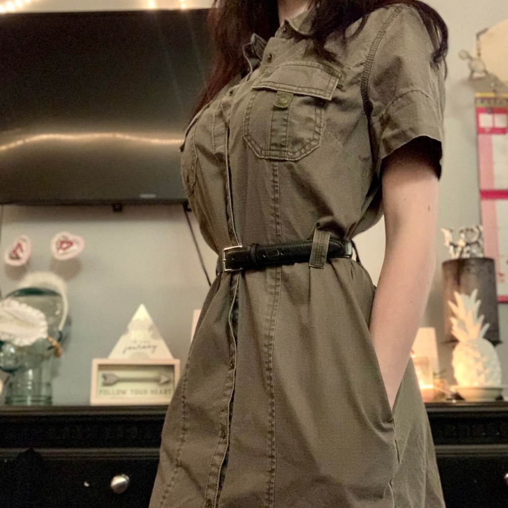A super cute army green button up dress!